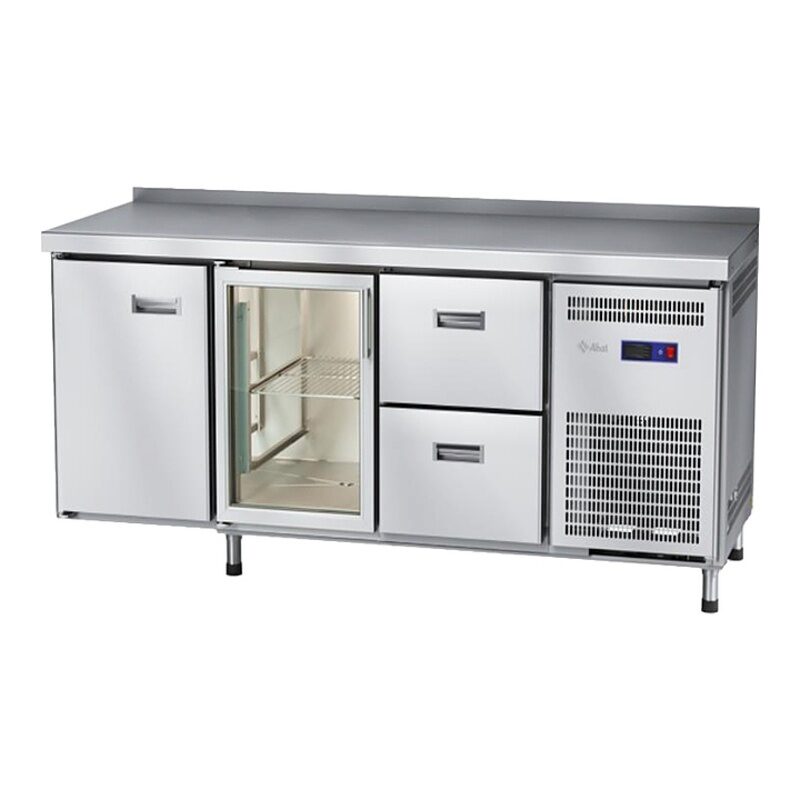 Стол холодильный среднетемпературный СХС-70-02 неохлаждаемая столешница с бортом (ящики 1/2, дверь-стекло, дверь)